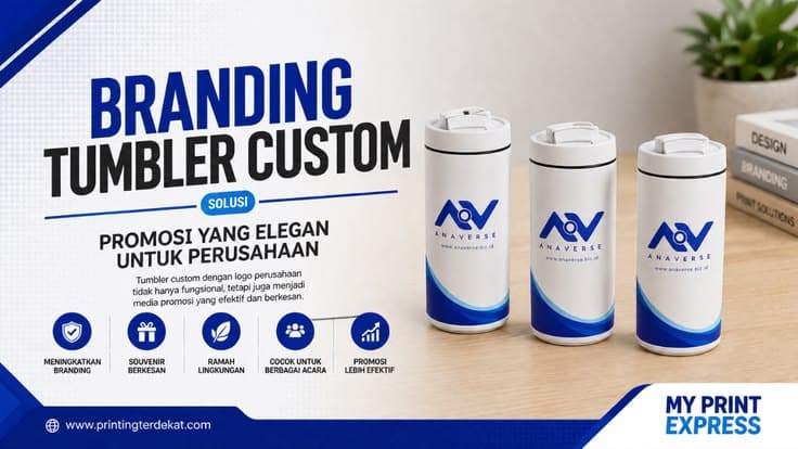 Proses branding logo perusahaan pada tumbler stainless menggunakan teknik cetak profesional.