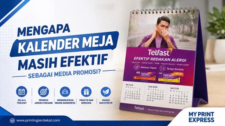 Standing calendar custom sebagai media promosi perusahaan di atas meja kerja.