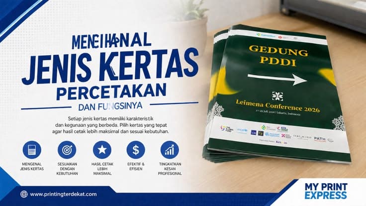 Berbagai contoh jenis kertas percetakan untuk brosur, kartu nama, buku, dan media promosi.