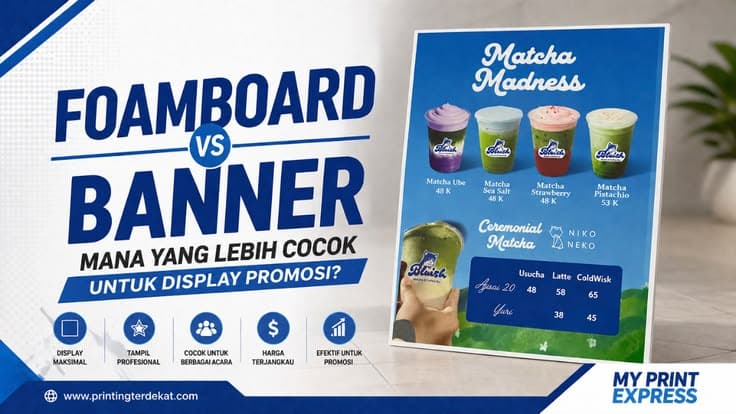 Foamboard custom sebagai media display promosi dengan hasil cetak full color berkualitas.
